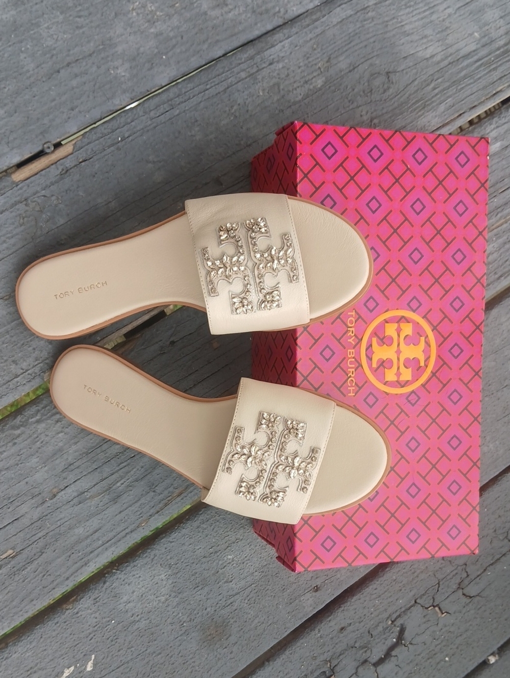Tory Burch Cream Leather Slide Mules with Embellished Logo